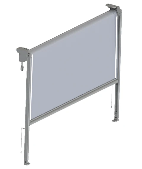 Tenda a caduta con guide laterali agganciabile a pavimento o a ringhiera tramite appositi fermi.