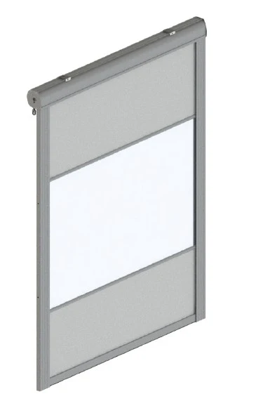 tenda a caduta, provvista di un telo in PVC con ampia finestra centrale e guide in alluminio